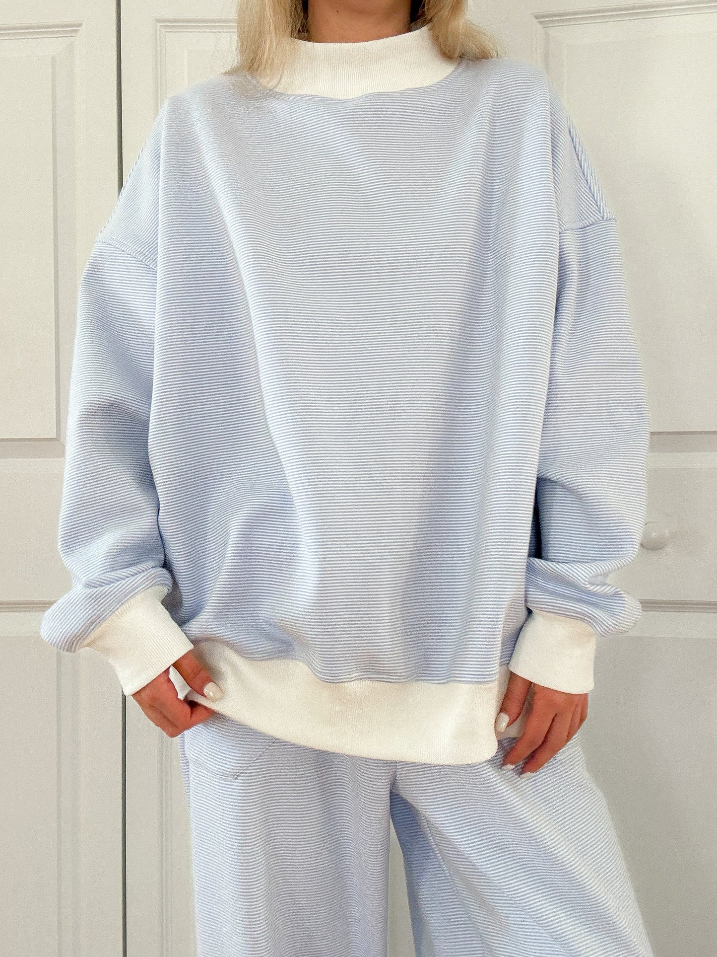 Blue and White Mini Striped Mockneck Sweatshirt