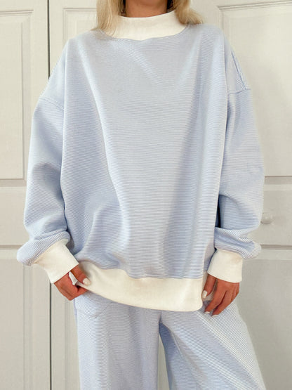 Blue and White Mini Striped Mockneck Sweatshirt
