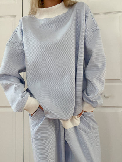 Blue and White Mini Striped Mockneck Sweatshirt