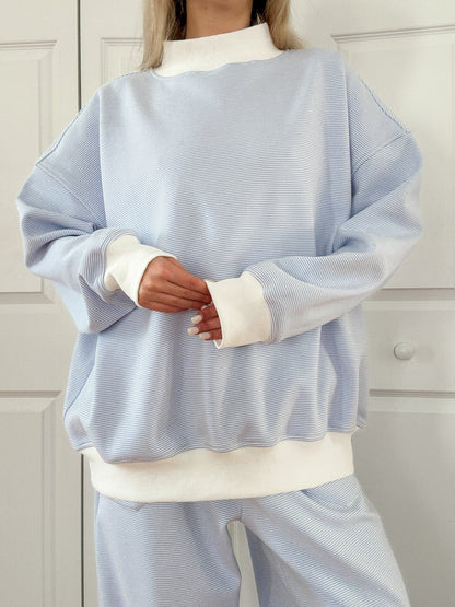 Blue and White Mini Striped Mockneck Sweatshirt