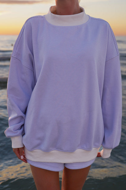 Blue and White Mini Striped Mockneck Sweatshirt